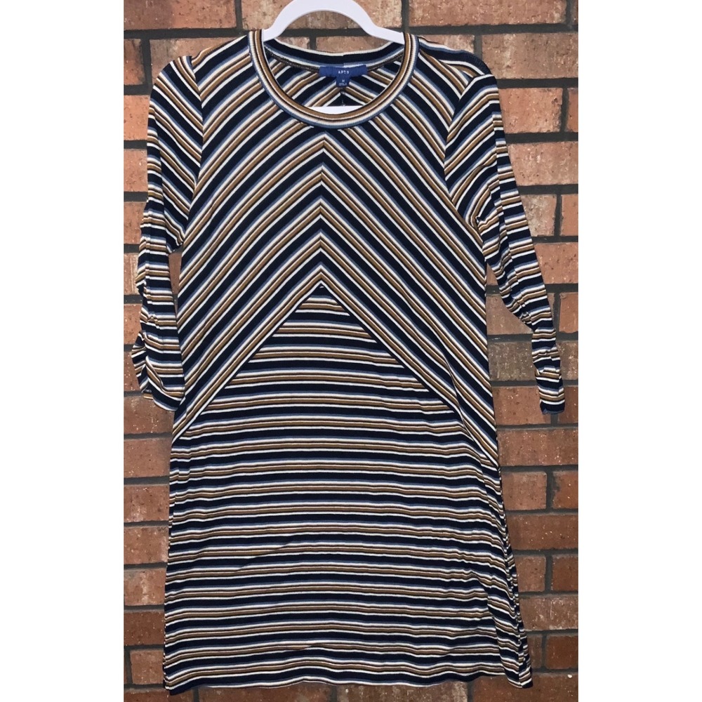 Apt 9 Womens Navy Blue Striped Chevron Ribbed‎ 3/4 Sleeve Shift Dress Size M